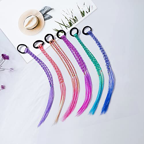 6 Packs Girls Hairband Accessories Wig Ponytail Braid Colored Braids Hair Extensions With Rubber Bands Crazy Hair Day Accessories For Kids Girls Children Rainbow Braided Hair Strands For Party #TOP2