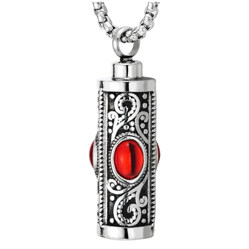 Collier pendentif cylindre en acier inoxydable avec gemme rouge et filigrane vintage