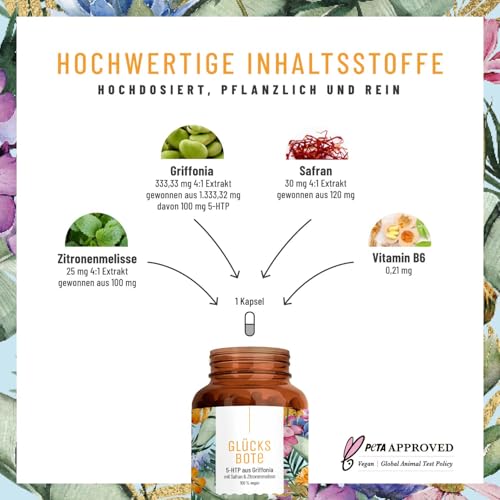 NATURTREU® GLÜCKSBOTE 5-HTP Komplex – 90 vegane Kapseln mit 100mg 5-HTP aus Griffonia, Safran, Zitronenmelisse & Vitamin B6 – hochdosiert, ohne Zusatzstoffe – Stimmungskapseln