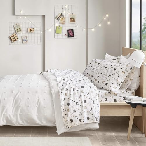 Image of Intelligent Design Cozy Soft 100% Cotton Flannel Print Animals Stars Cute Warm, Ultra Soft Cold Weather Sheet Set Bedding, Queen, Grey /Pink Cats 4 Piece