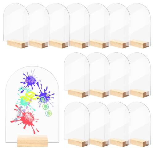 Bercoor 15 Pack 5x7 Inch Blank Clear Arch Acrylic Sign with Wooden Stands, Arched Round Top Acrylic Sheet, DIY Acrylic Arch Table Numbers for DIY Name Card Gifts Event Party Sign Decoration