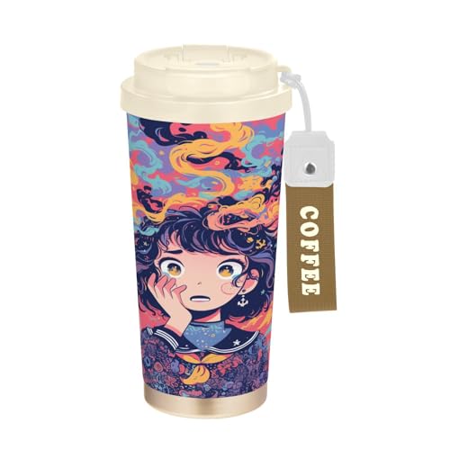 linqin Anxious Girl - Vaso de viaje para café borgoña con tapa, taza térmica de acero inoxidable para bebidas frías y calientes, 17 onzas, a prueba de fugas