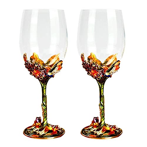 Wine Glasses Crystal Red Wine Glasses Elegant Champagne Glasses Enamels Floral Decorative Goblets(Green /2 Set(Gift Box)) #TOP1