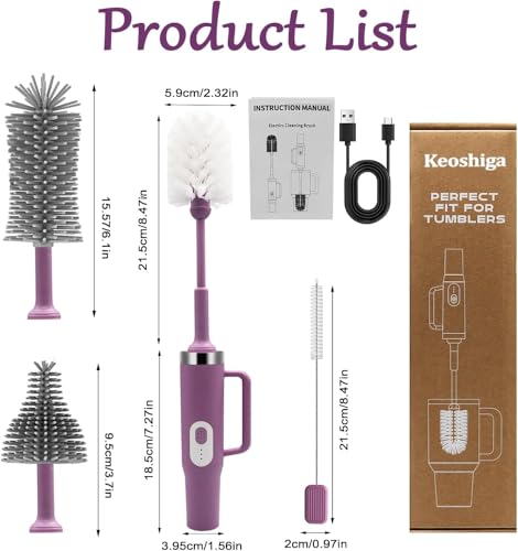 Image of 5 in 1 Electric Bottle Brush Cleaner Compatible Stanley Bottle Brush Straw Cleaner Multifunction Rechargeable IPX6 Waterproof Extra Long Design for Stanley Cup, Sports Bottle and More (Purple-1)