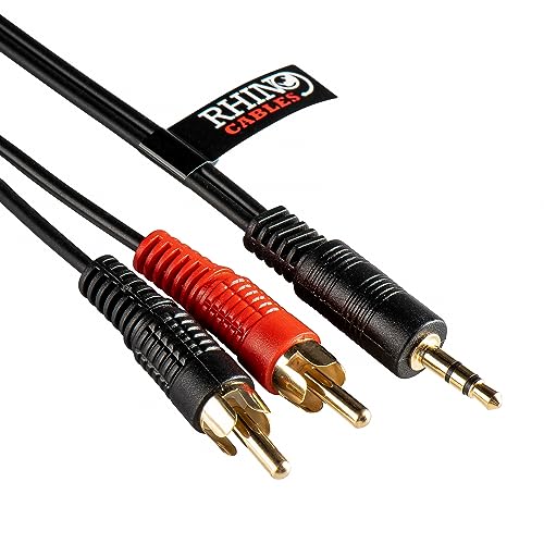 rhinocables 3.5mm Aux Stereo Jack Male Plug to Twin Phono 2 RCA Audio Cable Gold Contacts for Speaker, Surround Sound, Hi-Fi, TV, Car Aux, Phone, Amplifer (2m)