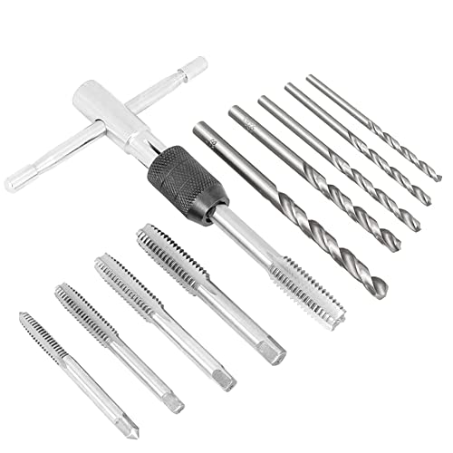 SeonFook T-Handle Tap Wrench Kit with 5pcs M3 M4 M5 M6 M8 Machine Thread Taps Set Tapping Threading Tool Set + 5pcs Twist Drill Bit Set