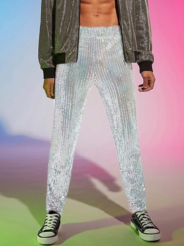 WDIRARA Men's Contrast Sequin Carrot Pants Elastic Waist Skinny Straight Leg Pants4