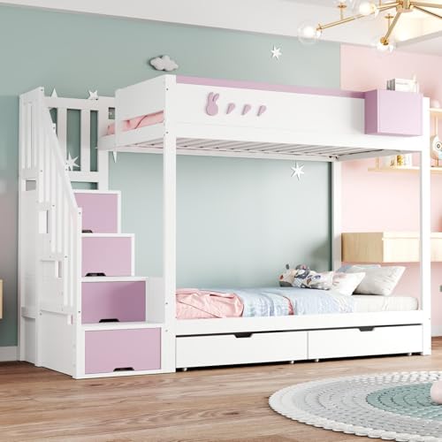 KOMHTOM Lit Superposé pour Enfant 90x200 cm, Lit Mezzanine 2 Places avec 2 Tiroirs et Escaliers de Rangement, Cadre de lit pour Garçons et Filles(sans Matelas) (Blanc...