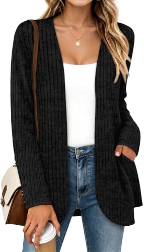 WIHOLL Fall Cardigan for Women Lightweight with Pockets 02-Black 2XL