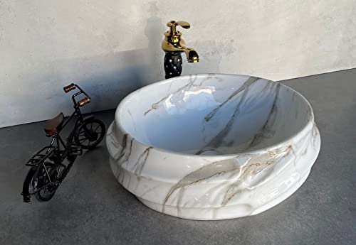 Image of Designer Glossy Finish Ceramic Art Table Top Wash Basin For Bathroom | Collapsible Countertop Washbasin (Black White Glossy Art, 16 x 13 x 6 Inch)