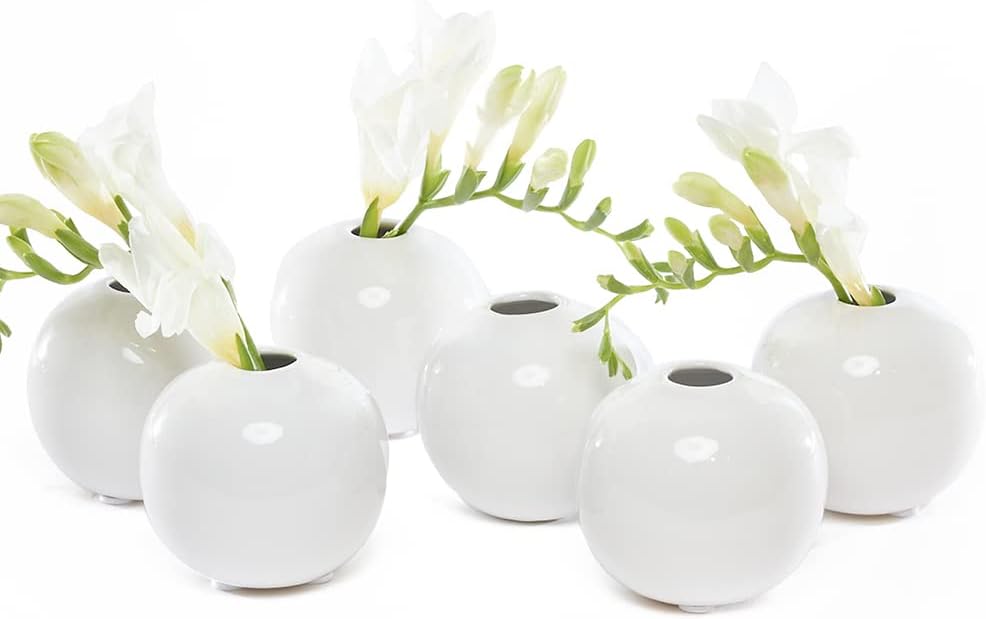 Set of 6 JoJo Small 3" Sphere, Round Ceramic Flower Vase, Decorative Modern Floral Vase for Home Decor Living Room Centerpieces and Events, Cute Bud Vase (White)