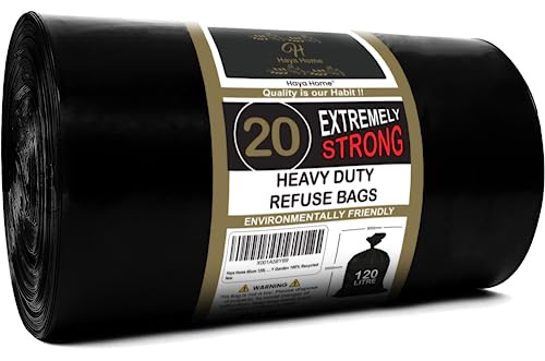 Haya Home 60 μm 120L 20 Extremely Strong Heavy Duty Black Bin Bags Bin Liners Refuse Sacks Waste Dustbin Bags Rubble Sack Industrial Commercial Builders Kitchen Home Office DIY Garden 100% Recycled 1 Haya Home 60 μm 120L 20 Extremely Strong Heavy Duty Black Bin Bags Bin Liners Refuse Sacks Waste Dustbin Bags Rubble Sack Industrial Commercial Builders Kitchen Home Office DIY Garden 100% Recycled