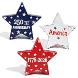 DPKOW 250th Anniversary American Table Decorations 4th of July Party Favors, 3 Red White Blue Wooden Star Plaque Patriotic Decorations Fourth of July Table Decor Memorial Day Sign, Double-Sided Design