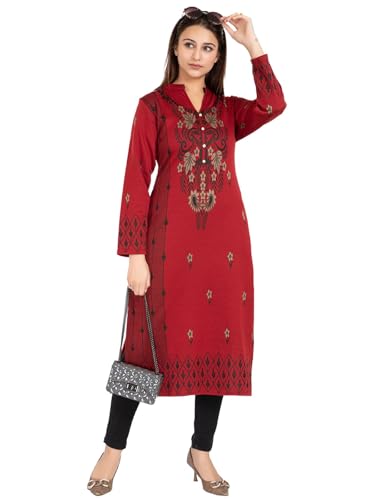 Image of Rosary Women's Winter Wear Jacquard Woolen Straight Kurti with 2 Side Pockets