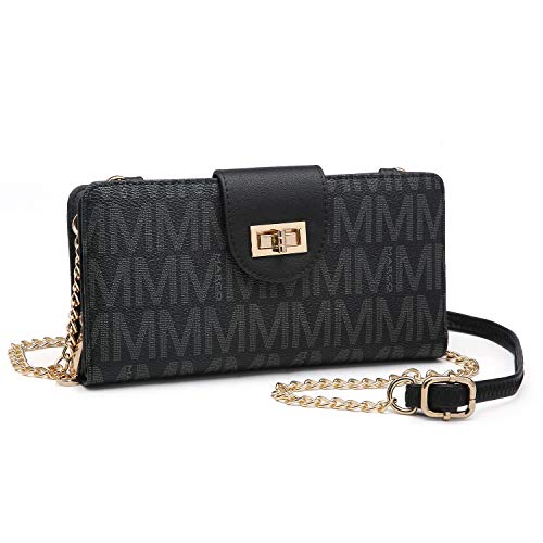 MKP COLLECTION Bolsa feminina pequena tiracolo com zíper carteira bolsa de mão porta-cartão de crédito com alça de corrente, Preto, 7.8'W x 4.3'H x 1.5'D, Carteira feminina pequena transversal com