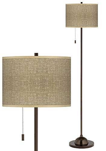 Giclee Glow Rustic Farmhouse Floor Lamp Slim Profile 62" Tall Tiger Bronze Burlap Drum Giclee Print Lamp Shade Standing Pole Light for Living Room Reading House Bedroom Home Decor