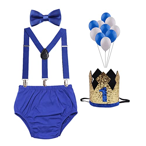 Guchol Baby Boys First Birthday Cake Smash Outfit Suspenders Bow Tie Bloomers Sparkle Crown Hat Balloon Set (Royalblue Cake Smash 2) #TOP4