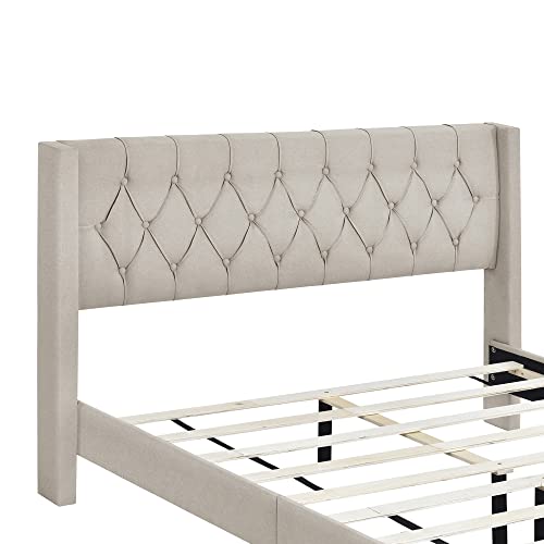Merax Queen Size Platform Bed, Upholstered Platform Bed Frame With Rubber Wood Legs, No Box Spring Needed, Linen Fabric, Beige #TOP3