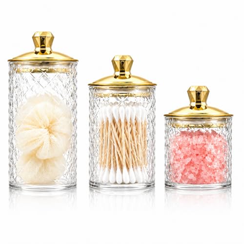 3-Pack Clear Acrylic Diamond-Cut Storage Jars with Gold Lids – Airtight Containers for Kitchen, Bathroom & Home Organization – Versatile Jars for Cotton Pads, Bath Salts & Snacks by AIQIYIDBO - Used condition - US$23.67