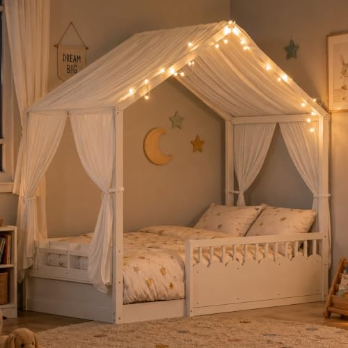 Image of Bellemave Twin House BedFrame with Canopy, Montessori House Bed with LED and Bookshelf and Rails for Kids, White