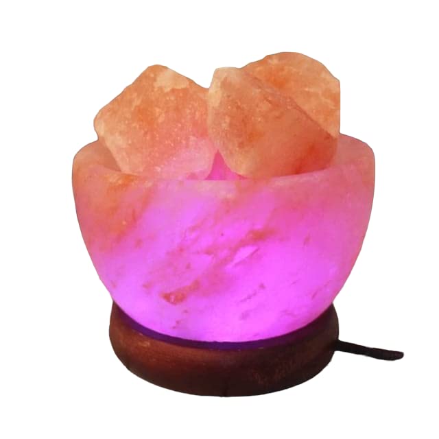 4SU TRADERS Himalayan Salt Lamp Bowl with Natural Crystal Chunks, Dimmer Cord, and Classic Wood Base Premium Quality from Pakistan.