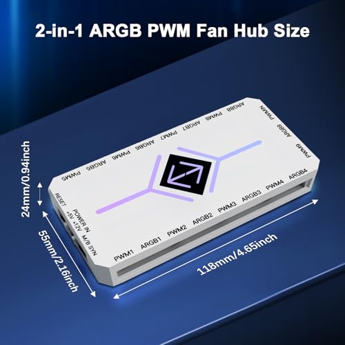 2-en-1 ARGB PWM Fan Hub con controlador，AYWHP RGB Case Fan Hub con 9 conectores PWM de 4 pines y puertos ARGB de 5 V de 3 pines（negro） - imagen 2