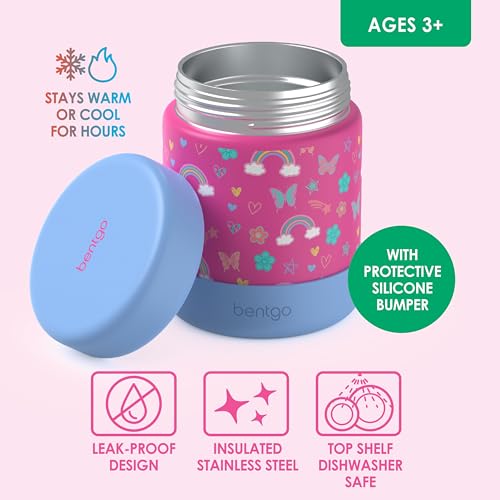 Image of Bentgo Kids Stainless Steel Leak-Proof Food Jar for Hot or Cold Food | 11 fl oz Double Insulated Container with Removable Silicone Bumper, Dishwasher Safe, Easy Open Lid, Ages 3+ (Rainbows)