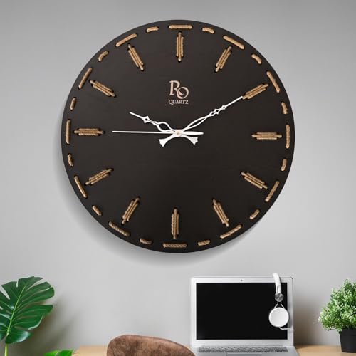 Image of Wooden Round Shape Wall Clock With Silver Hands and Golden Jute Rope Detailing | Elegant Silent Quartz Movement Anti Reflection Analog Vintage Clock for Home and Office (Black, 15.5 Inch)
