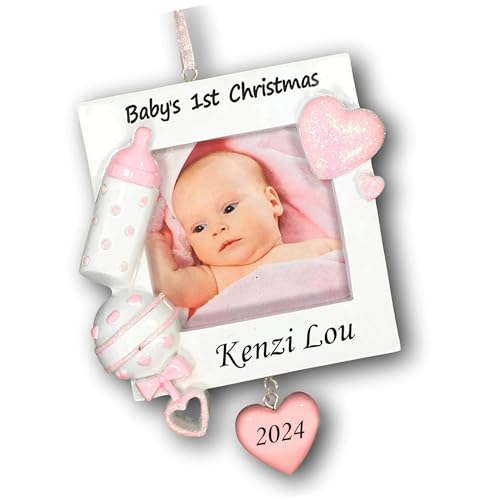 Baby Girl Christmas Ornament, Baby's First Keepsake Gift Photo Frame, Pink Girl Picture Frame, Christmas Tree Decoration with Custom Name Personalization