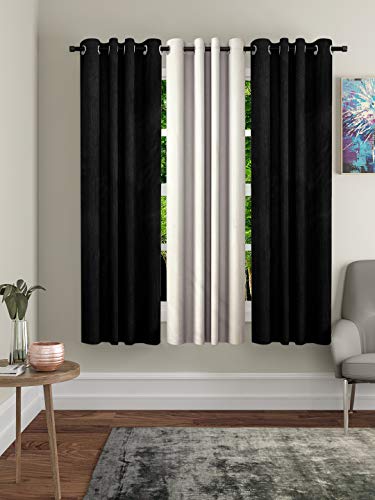 Image of Home Sizzler Polyester 3 Piece Window Curtain Set, 5 feet (2 Black, 1 Cream)