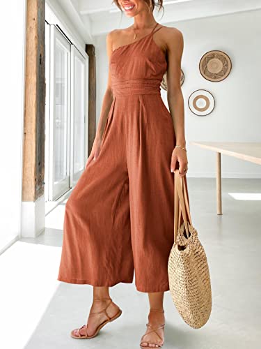 Caracilia Women's Summer Straps One Shoulder Pleated High Waist Casual Wide Leg Jumpsuit Romper With Pockets C50A2-Xiuhuang-Xl #TOP1