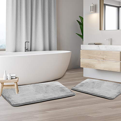 Clara Clark 2 Piece Bathroom Rug Set - Memory Foam, Bath Mat Set, Plush, Cozy, Ultra Soft, Non Slip, Machine Washable, Quick Dry - 24” x 17”+ 32” x 20” - Light Grey
