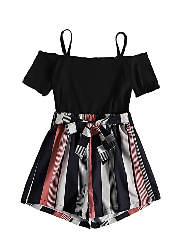 Milumia Girl's Casual Striped Cold Shoulder Romper Belted Lettuce Trim Jumpsuits Multicolor 11-12 Years #TOP13