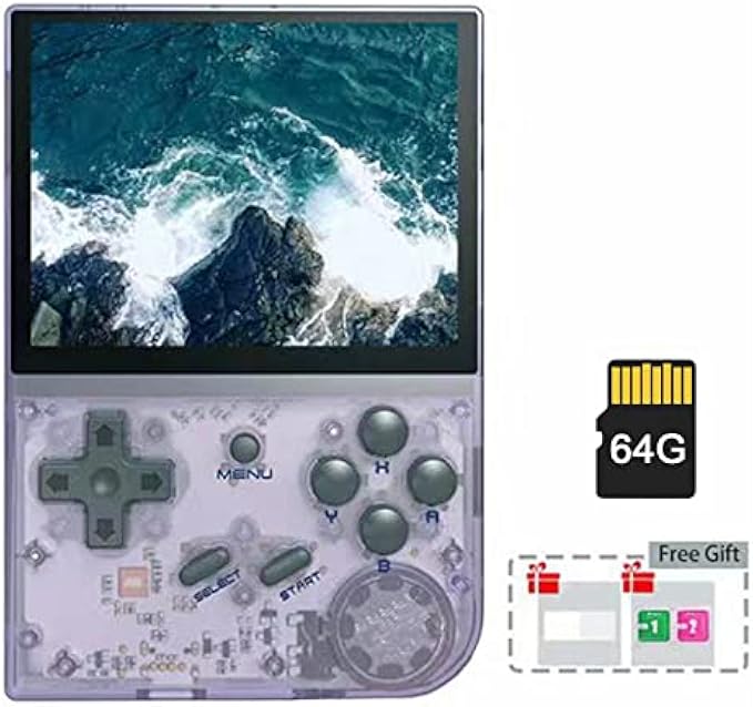 RG35XX Handheld Game Console, 3.5 Inch IPS HD Screen Linux System Classic Retro Video Game Console, Portable Handheld Nostalgic Arcade Retro Game Machine with 64G TF Card (RG35XX - Transparent Purple)