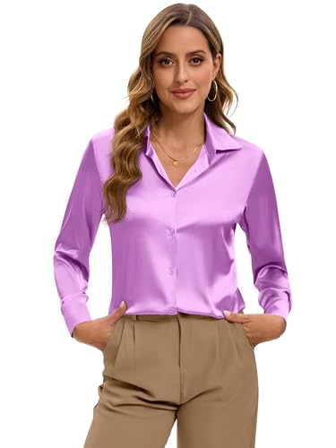 Image of Premium Soft Breathable Stretch Satin Silk Button Down Shirts for Women Long Sleeve Leopard Blouses Work Dress Tops