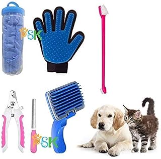 PSK PET MART 5 in 1 Dog Grooming Kit - Pack of Nail Cutter Filer | Glove | Toothbrush | Auto Slicker | Towel Price In India