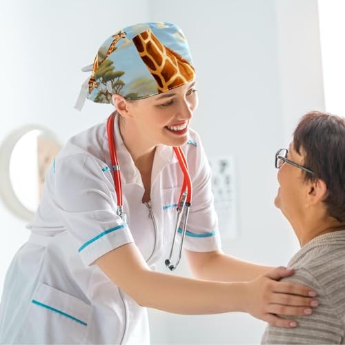 Image of Women's Working Caps Bouffant Surgical Cap with Bow Scrunchies Little Daisy Art Paint Ponytail Holder Tie Back Scrub Hat