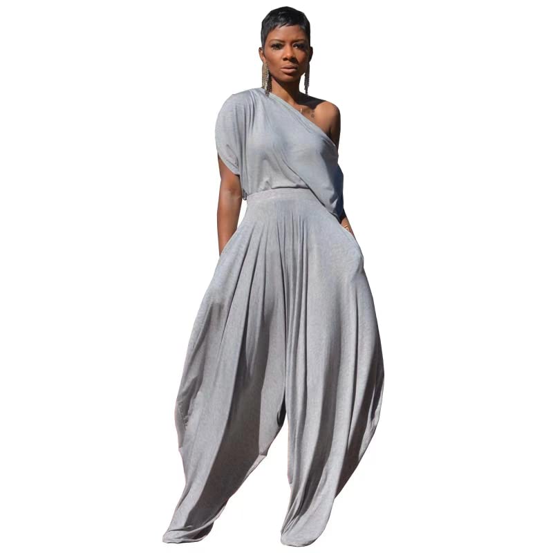 heyheyshineHip Hop Women 2pcs Set Off Shoulder T-Shirt Tops and Loose Haren Pants Suit Sweatsuit Tracksuit Two Piece Set