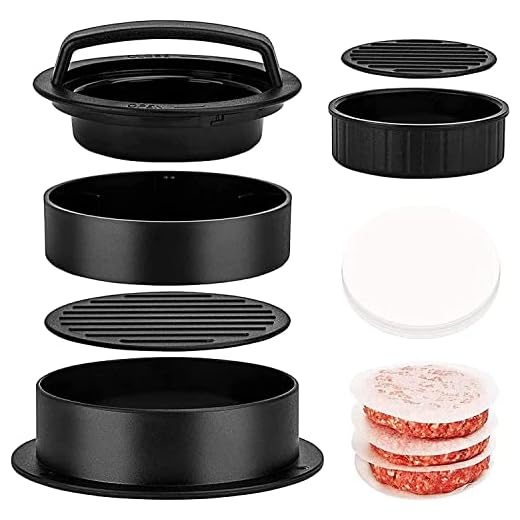 Prensa de Hamburguesas Antiadherente, Burger Press 3 en 1, Prensa de Hamburguesas de Carne para Barbacoa y Hamburguesas de Cocina con 100 Papel de Hamburguesas