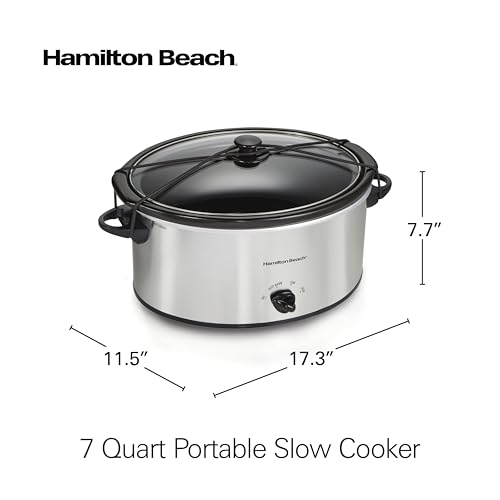 Hamilton Beach 7-Quart Portable Slow Cooker Serves 8+, Dishwasher Safe Crock, Lid Latch Strap for Travel, Brushed Silver