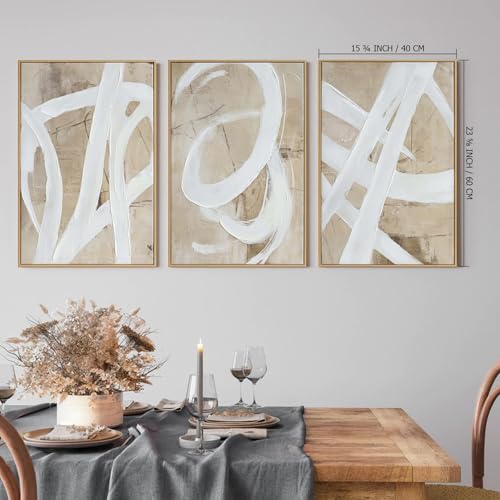 Image of Zessonic Neutral Abstract White Brown Pastel Textured Wall Art,16 inchx24 inchx3 | Minimalist Paint Strokes Shapes Textured Framed Wall Decor Large Canvas Paintings- Living Room Bedroom Office Modern Neutral