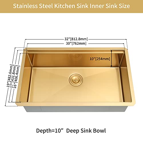 LQS 32 Inch Gold Undermount Workstation Single Bowl Stainless Steel Kitchen Sink, 32” x 19”