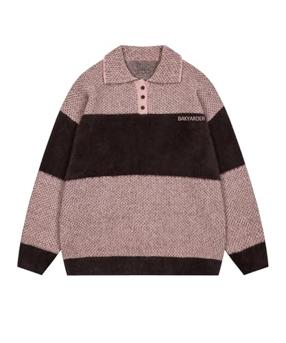 Fuzzy Colorblock Vintage Polo Sweater Unisex Loose Fit Long Sleeve Knit Pullover