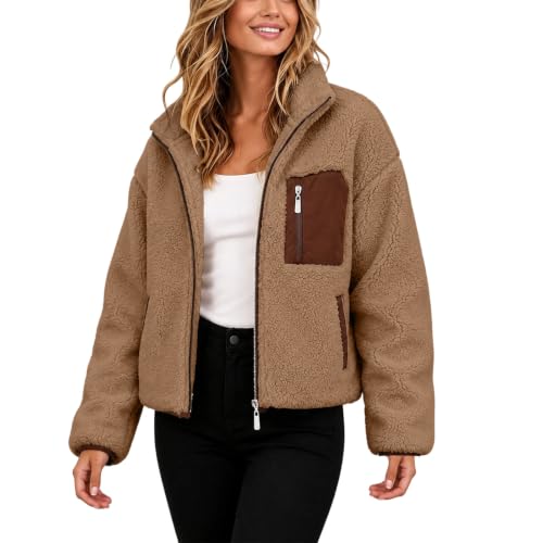 Women's Sherpa Fleece Jacket Stand Collar Fuzzy Faux Shearling Zipper Coats - image 2