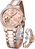 OLEVS Orologio da polso da donna, automatico, di lusso, con cinturino in ceramica, oro rosa, a carica automatica, da donna, orologio oro rosa rosa, Orologio da donna
