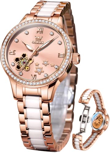 Image of OLEVS Womens Watches Automatic Luxury Dress Ladies Watch Ceramic Strap Rose Gold Self Winding Female Wrist Watch