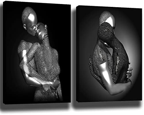 2 Pcs Love Heart 3D Wall Art Decor, Gray-3d Black And White Romantic Couple hug Abstract Artwork Prints Posters Modern Metal Sculpture Effect Paintings Picture for Bedroom Living Room Bathroom Frameless 16X24in