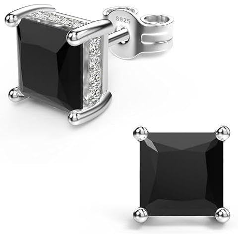 18K White Gold Plated Sterling Silver Princess Cut Cubic Zirconia Stud Earrings Square CZ Diamond Stud Earrings for Women Men Hypoallergenic (Black 7MM) Cover