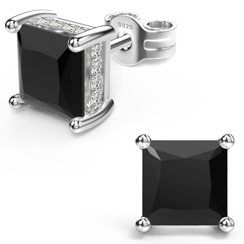 Princess Cut Cubic Zirconia Stud Earrings for Men Women (Black, 7MM)