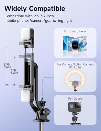 Selfie Stick with 2 Fill Light, 53'' Tripod for Cell Phone with Wireless Remote, 360° Rotating Portable Phone Tripod with Detachable Clip, Travel Phone Holder Compatible with iPhone/Samsung/GoPro — view 4